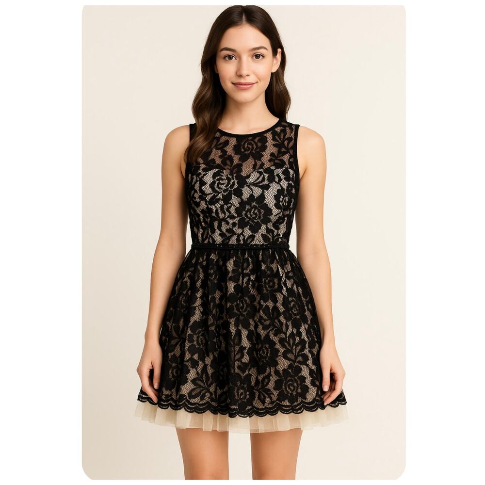 B. Darlin Womens Black Floral Lace Dress with Tulle Sz 7/8 Homecoming Party Prom